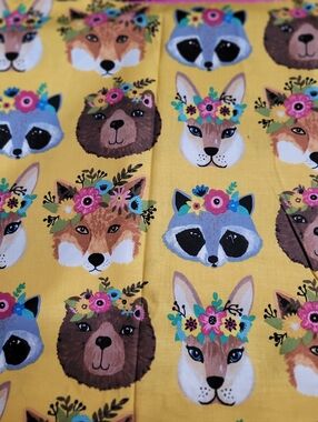 Brother Sister Design Studio Yellow Floral Animal Faces Cotton Fabric (0891)
